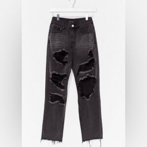 🚨 🆕 Nasty Gal Peek in Distressed Mom Jeans Washed Black | destroyed denim